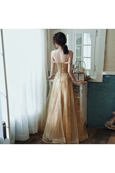 Sparkly Champagne Gold Aline Long Prom Dress For Formal - $107.89 #AM79039 - SheProm.com Princess Dress Aesthetic, Sparkly Champagne, Tulle Formal Dress, Dress For Formal, Dress Aesthetic, Fashion Dresses Casual, Formal Party, Long Prom Dress, Style Dresses