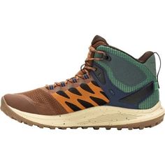 the men's hiking shoe is brown, blue and green with an orange stripe