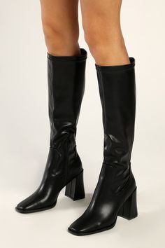 Michella Black Square Toe Knee High Boots Black Square Toe Knee High Boots, Square Toe Boots Outfit, Square Toe Knee High Boots, Kneehigh Boots, Tall Black Boots, High Leather Boots, Black Knee High Boots, Black Boots Tall, Square Toe Boots