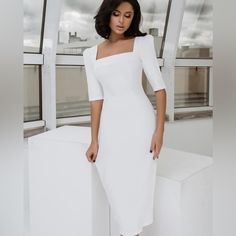 Elagia White Short Sleeve Square Neck Midi Dress With Slit Nwt Size S New With Tags Beautiful Figure Flattering White Dress Graduation White Dress, Graduation Ceremony Outfit, White Dress Classy, College Outfits Fall, Graduation Guest Outfit, White Coat Ceremony, Graduation Outfit Ideas, Grad Outfits, White Dresses Graduation