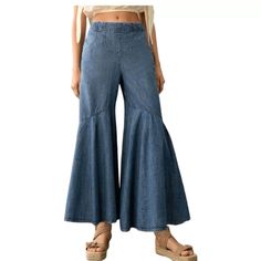 New, Washed But Never Worn. Cute Boho Style Wide Leg Ruffle Crop Jeans. Zips Up The Back. Pockets. 100% Cotton. Non-stretch Medium Wash Summer Pants, Summer Flare Pants With Frayed Hem, Summer Flare Bottoms With Ruffles, Summer Bohemian Denim Pants, Summer Ruffle Pants With Relaxed Fit, Fitted Denim Blue Pants For Summer, Bohemian High Rise Bottoms For Spring, Bohemian High-rise Bottoms For Spring, Summer Ruffled Relaxed Fit Pants