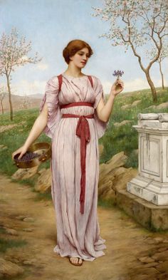 a painting of a woman holding a flower in her right hand and standing on a dirt path