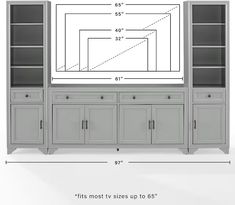 an entertainment center with the measurements for it's doors and shelves, as well as drawers