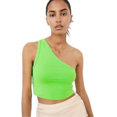 Zara Asymmetrical One Shoulder Lime Green Knit Crop Top. Add A Dramatic Or Playful Pop Of Color With This Great Tank In Sturdy Stretch Cotton Knit By Zara In Bright Lime Green - A Brat Summer Green! Trendy One-shoulder Crop Top For Spring, Trendy Cropped One-shoulder Top For Spring, Trendy Cropped One Shoulder Top For Spring, Casual Fitted Cropped One Shoulder Top, Stretch Crop Top With Asymmetrical Neckline For Summer, Summer Crop Top With Stretch And Asymmetrical Neckline, Summer Stretch Crop Top With Asymmetrical Neckline, Stretchy One Shoulder Crop Top For Summer, Stretch One Shoulder Crop Top For Summer