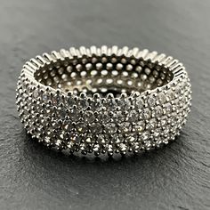 Vintage Cubic Zirconia Sterling Silver Five Row Band Ring, UK Size Q1/2, US Size 8 1/2, EU Size 58, Stamped 925, Band Max Width 7.4mm, Weight 5.93 Grams, Lovely Condition Diamond Bling Promise Ring, Formal Rings With Rhinestones, Silver Rings With Rhinestones Fine Jewelry, Round Rhinestone Promise Ring Jewelry, Diamond White Bling Rings, Round Crystal Ring With Cubic Zirconia Bling, White Crystal Ring With Rhinestones, Dazzling Round Crystal Ring With Pave Setting, Sparkling Round Diamond Ring In Dazzling Style