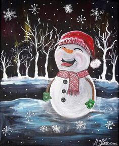 a painting of a snowman wearing a red hat and scarf with trees in the background