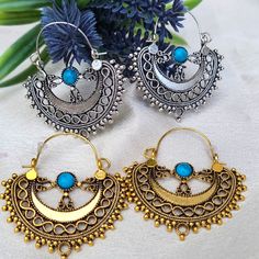 Two Turquoise Basket Weaver Hoop Earrings Vintage Metal Hoop Earrings For Summer, Summer Vintage Metal Hoop Earrings, Vintage Blue Earrings For Festival, Blue Bohemian Hoop Earrings For Pierced Ears, Nickel-free Blue Metal Hoop Earrings, Blue Bohemian Hoop Earrings, Blue Bohemian Small Hoop Jewelry, Bohemian Blue Small Hoop Jewelry, Vintage Turquoise Earrings For Summer