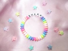 A cute fake candy bracelet ♡ Measures at about 6" and made with stretchy elastic cord 90s Candy, Pastel Fairy, Candy Bracelet, Beads Candy, Rainbow Candy, Candy Jewelry, Kawaii Aesthetic, Soft Girl, Harajuku