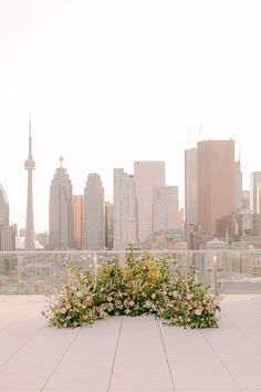 an empty bench with flowers on it in front of a cityscape and skyscrapers