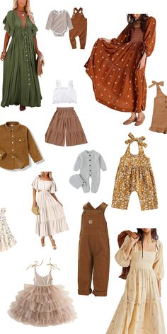 many different types of clothes are shown in this image, including dresses and shoes for dolls