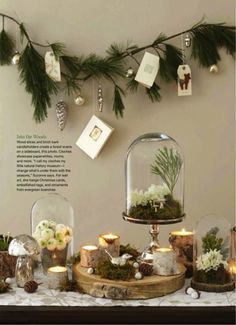 a table topped with glass domes filled with plants and candles