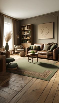 a living room filled with furniture and a rug on top of a hard wood floor