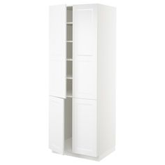 a tall white cabinet with doors and shelves