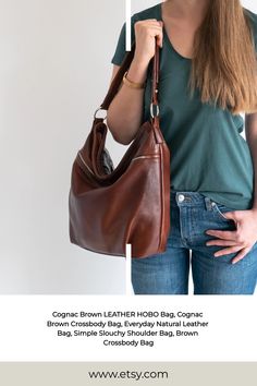 Cognac Brown LEATHER HOBO Bag, Cognac Brown Crossbody Bag, Everyday Natural Leather Bag, Simple Slouchy Shoulder Bag, Brown Crossbody Bag Cognac Hobo Bag With Smooth Grain For Everyday, Cognac Hobo Crossbody Bag For On-the-go, Travel Cognac Hobo Bag With Smooth Grain, Natural Leather Bag, Brown Crossbody Bag, Shoulder Bag Brown, Brown Crossbody, Hobo Bags, Leather Hobo Bag