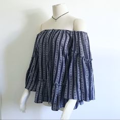 Off Shoulder Bohemian Gypsy Top With Front Top Tie, Extra Wide Sleeves. Navy Color Sz S, Nwt Bohemian Striped Tops For Vacation, Blue Boho Print Peasant Top, Bohemian Striped Cotton Tops, Bohemian Off-shoulder Beach Tops, Peasant Style Boho Print Top For Beach, Peasant Top With Boho Print For Beach, Blue Boho Print Peasant Top For Beach, Blue Off-shoulder Cotton Blouse, Bohemian Off-shoulder Blouse For Vacation