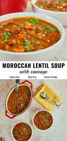 two bowls of moroccan lentil soup with sausage