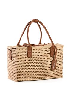 Find NANNACAY Wicker Tote Bag on Editorialist. This Nannacay tote bag is crafted from wicker with leather trim and a logo tag. It features two top handles, a tie-top fastening, a main compartment, an internal slip pocket, and an internal logo patch. It has a canvas lining. The bag is hand carried. Top Handle Beach Bag With Braided Handles For Shopping, Shopping Beach Bag With Braided Top Handles, Shopping Beach Bag With Top Handle And Braided Handles, Luxury Rectangular Straw Bag With Handles, Luxury Rectangular Straw Bucket Bag, Luxury Rectangular Straw Bag For Shopping, Luxury Rectangular Straw Shopping Bag, Luxury Straw Satchel Bag For Travel, Luxury Rectangular Straw Bags