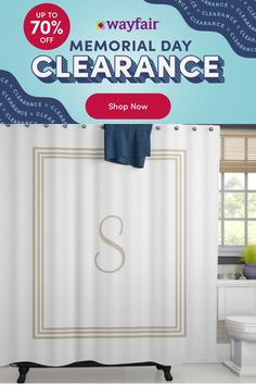 a shower curtain with the words memorial day clearance on it in front of a bathroom