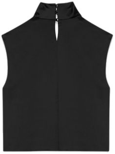 Fitted Satin Tops For Workwear, Formal Sleeveless Crop Top For Summer, Summer Sleeveless Dressy Crop Top, Elegant Sleeveless Silk Crop Top, Chic Silk Sleeveless Crop Top, Chic Sleeveless Silk Crop Top, Elegant Sleeveless Crop Top For Formal Occasions, Sleek Black Satin Tops, Black Satin Sleek Top