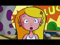 a cartoon girl with blonde hair and blue eyes in front of a sign that says hug