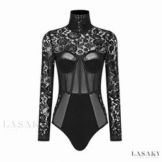 Lasaky - Elegant Floral Lace Corset Bodysuit with Long Sleeves and Sexy Mesh Panel Long Sleeve Lace Mini Dress, Club Jumpsuit, Corset Bodysuit, Body Dentelle, Black Lace Bodysuit, Belle Silhouette, Cocktails Bar, Lace Jumpsuit, Romantic Dinner