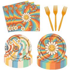 a set of colorful paper plates and utensils