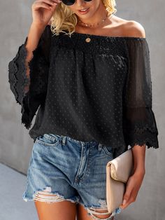 One Shoulder Solid Chiffon Top P13770 Off-shoulder Chiffon Blouse, Elegant Non-stretch Chiffon Blouse, Chic Non-stretch Chiffon Blouse, Black Chiffon Tops For Spring, Sheer Chiffon Blouse, Flowing Sleeves, Top Strapless, Off Shoulder Fashion, Boho Lace