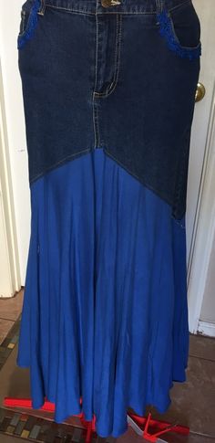 This is an "upcycled", stretch denim skirt. The skirt has elastic waist with a full knit flowing bottom. From waist to bottom it is 38 inches long in a size 12. Upcycled Skirt, Skirt Ideas, Stretch Denim Skirt, Womens Skirts, Durham Nc, Durham, Stretch Denim, Halloween Shopping, Denim Skirt