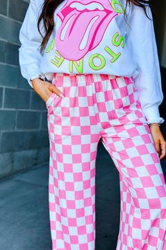 White and Pink Checked Comfy Wide Leg Pants | Checkmate Pants – Mindy Mae's Market Pink And White Checkered, Long Sleeve Shirt Outfits, Bright Colored Outfits, Modesty Outfits, Pastel Outfit, She Is Clothed, Checkered Print, Cute Comfy Outfits, Colourful Outfits