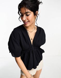 ASOS DESIGN plunge front crinkle top with tie side in black | ASOS Chic V-neck Top With Tie Waist, Black Summer Tops With Tie Waist, Tie Back V-neck Top For Day Out, V-neck Tie Back Tops For Day Out, Black Tie Waist Top For Spring, Black V-neck Top With Tie Back, Formal Dresses Graduation, Crinkle Top, Leggings Sale