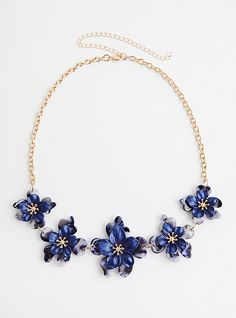 This statement necklace features five floral charms on a gold chain. 19” length + 5” extender. Lobster clasp. Man-made materials. Imported. The best plus size women's navy resin matte floral statement necklace necklaces in multi. Floral Gold Necklace, Otherworldly Beauty, Shrink Plastic Jewelry, Floral Statement Necklace, Steampunk Accessories, Side Business, Family Jewels, Bracelets And Necklaces, Hair Wraps