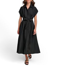 Donna Karan Short Sleeve Point Collar Tie Waist Linen Blend Midi A-Line Dress | Dillard's Spring A-line Dress With Belt, Elegant Workwear Maxi Dress With Tie Fastening, Elegant Tie Fastening Maxi Dress For Work, Elegant Maxi Dress With Tie Fastening For Work, Casual A-line Belted Dress For Spring, Chic Black A-line Belted Dress, Formal Summer A-line Belted Dress, Tie Fastening Dress For Dress Down Occasion, Spring A-line Belted Dress