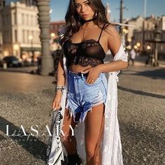 Lasaky - High-Waisted Distressed Denim Shorts Chic Ripped Jean Shorts, Ripped High-waisted Jean Shorts, Chic Jean Shorts For Summer Nights, Summer Distressed Jeans For Day Out, Chic Summer Beach Jeans, Ripped Jean Shorts For Night Out, Ripped Short Jeans For Beach, Ripped Stretch Jeans For Summer, Stretch Ripped Jeans For Summer