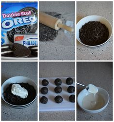 four pictures showing how to make oreo cookies