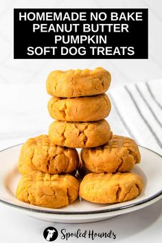 homemade no bake peanut butter pumpkin soft dog treats stacked on top of each other