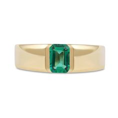 Complement your minimalist style with the refined details of this men's emerald-cut lab-created emerald solitaire band in yellow gold. Crafted in warm 10K gold This choice simply showcases a 7.0 x 5.0mm emerald-cut verdant-green lab-created emerald. The polished octagonal frame and subtle beveled edges add a sleek touch to the look. Classic Emerald Ring With Polished Finish, Classic Yellow Gold Emerald Ring With Polished Finish, Classic Emerald Ring In Yellow Gold With Polished Finish, Classic Yellow Gold Emerald Ring With Tension Setting, Modern Octagon Emerald Ring For Formal Occasions, Classic 14k Gold Emerald Ring With Tension Setting, Classic Emerald Ring With Rectangular Stone For Formal Occasions, Classic Emerald Ring With Rectangular Stone For Formal Events, Classic Emerald Ring With Tension Setting For Formal Events