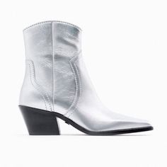 Nwt. Zara Metallic Silver Cowboy-Style Leather Ankle Boots. Metallic Effect Finish. Zip Closure. Square Toe Finish. Heel Height: 5.5 Cm/2,5". Size 8, 9. Ref.1122/110. Spring Ankle Boots With Padded Ankle, Spring Boots With Padded Ankle And Pointed Toe, Classic High Ankle Boots For Spring, Spring Low Heel Mid-calf Boots, Spring Mid-calf Boots With Low Heel And Medium Width, Spring Mid-calf Boots With Medium Width And Low Heel, Spring Mid-calf Boots With Low Heel, Chic Spring Mid-calf Boots With Low Heel, Zara Medium Width Ankle Boots