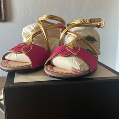 Brand New Toddler Girl Gucci Sandals 100% Authentic Multicolor Designer Gucci Sandals, Luxury Pink Ankle Strap Sandals, Luxury Pink Sandals With Heel Strap, Luxury Pink High Heel Sandals, Gucci Sandals With Heel Strap For Spring, Gucci Pink Open Toe Sandals, Gucci Pink Round Toe Heels, Pink Gucci Heels For Summer, Summer Pink Gucci Heels