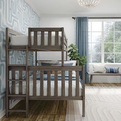 there is a bunk bed in the room with blue wallpaper and wood flooring