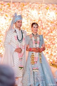 Photo from Aman & Nitish Wedding Grooms Clothes Wedding, Elegant Wedding Dress Men, Icy Blue Lehenga, Var Mala, Hindu Wedding Reception, Jai Mala, Blue Bridal Lehenga, Bridal Garland, Weading Dress