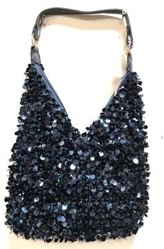 This cool purse is fully beaded with sequins and beads (Front & Back), shaped & has a beaded handle. Perfect for pairing up with your costume or to carry with you to the party! Summer Party Beaded Bag, Blue Sequin Fabric For Summer Evening, Summer Party Beaded Bags, Embellished Evening Bag For Summer, Summer Evening Sequined Shoulder Bag, Embellished Evening Bags For Summer, Blue Sequin Evening Bags, Glamorous Beaded Bags For Night Out, Summer Party Embellished Bags