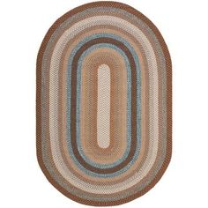 the oval rug is shown in brown and blue