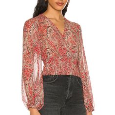 Nwt Bardot Paisley Printed Long Sleeve Top Womens Size 4 100% Polyester Surplice Front With Smocked Waist Semi Sheer Blouson Sleeves With Elastic Cuffs Lightweight Chiffon Fabric New With Tags Chic Fitted Paisley Print Tops, Chic V-neck Tops With Paisley Print, Chic V-neck Paisley Print Tops, Red V-neck Blouse With Paisley Print, Lilac Blouse, Floral Chiffon Top, Business Casual Top, Tie Dye Blouse, Bow Tie Blouse