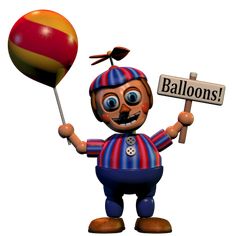 a cartoon character holding a balloon and sign with the word balloons on it's side