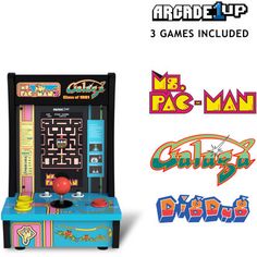 an arcade machine with 3 games included for kids to play on the computer and also have stickers