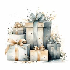 watercolor painting of presents with bows and ribbons