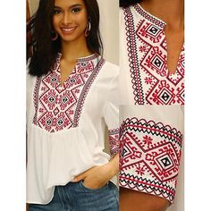 Season:Spring,Summer,Fall; Sleeve Length:Half Sleeve; Gender:Women's; Style:Boho; Tops Type:Blouse; Occasion:Daily; Fit Type:Regular Fit; Pattern:Floral,Geometric; Design:Embroidered; Neckline:Crew Neck; Front page:FF; Listing Date:04/24/2024 Mexican Clothing Style, Romanian Blouse, Boho Mode, Bohemian Mode, Stil Boho, Mode Boho, Floral Geometric, Moda Boho, Embroidered Neckline