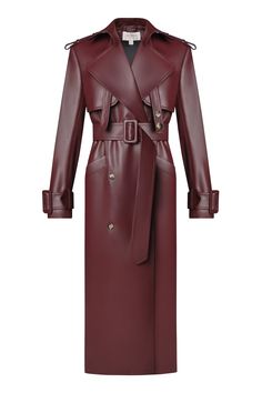 Eco leather fitted trench coat. Double breasted. Stitched. Functional pockets. Comes with a belt. Belted sleeves and shoulders. Slitted back. Decoration neck belt. Lined. Color: burgundy. Shell: 100% Polyester with PU coating Lining: 100% Polyester Made in Georgia Luxury Leather Outerwear With Belted Cuffs, Luxury Leather Long Sleeve Utility Jacket, Luxury Leather Jacket With Spread Collar In Classic Style, Luxury Leather Jacket With Buttons For Winter, Luxury Outerwear With Welt Pockets For Work, Luxury Business Leather Jacket With Belted Detail, Luxury Classic Leather Jacket With Spread Collar, Luxury Leather Jacket With Hidden Button For Winter, Luxury Leather Outerwear With Hidden Button Closure