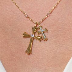 Have a little faith with our Double Crossed Necklace! It features a mix of small and tiny crosses. Don't wait to wear it - your wardrobe is calling out for a little divine intervention! Cute Gold Cross Necklace, Real Gold Cross Necklace For Women, Italian Cross Necklace, Mexican Cross Necklace, Matching Cross Necklaces, Gold Jewelry Cross, Dainty Gold Cross Necklace, Cute Cross Necklace, Hispanic Jewelry