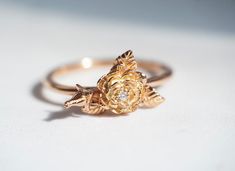 ROSE Diamond Rose Flower Ring Solid 14k Gold Flower Ring | Etsy Elegant 14k Gold Flower Ring With Rose Design, Rose Flower Ring, Rose Diamond, Gold Flower Ring, Gem Diamonds, Ring Hand, Rose Ring, Gold Flower, Valentine Gift